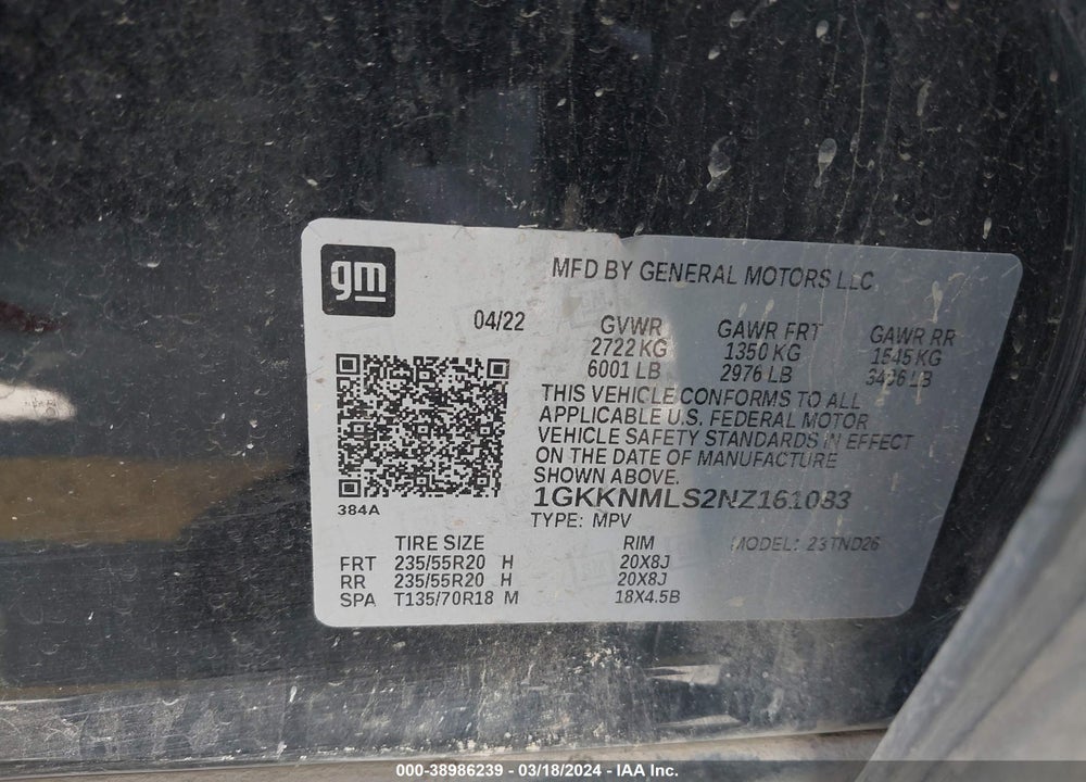 2022 GMC ACADIA FWD SLT VIN: 1GKKNMLS2NZ161083