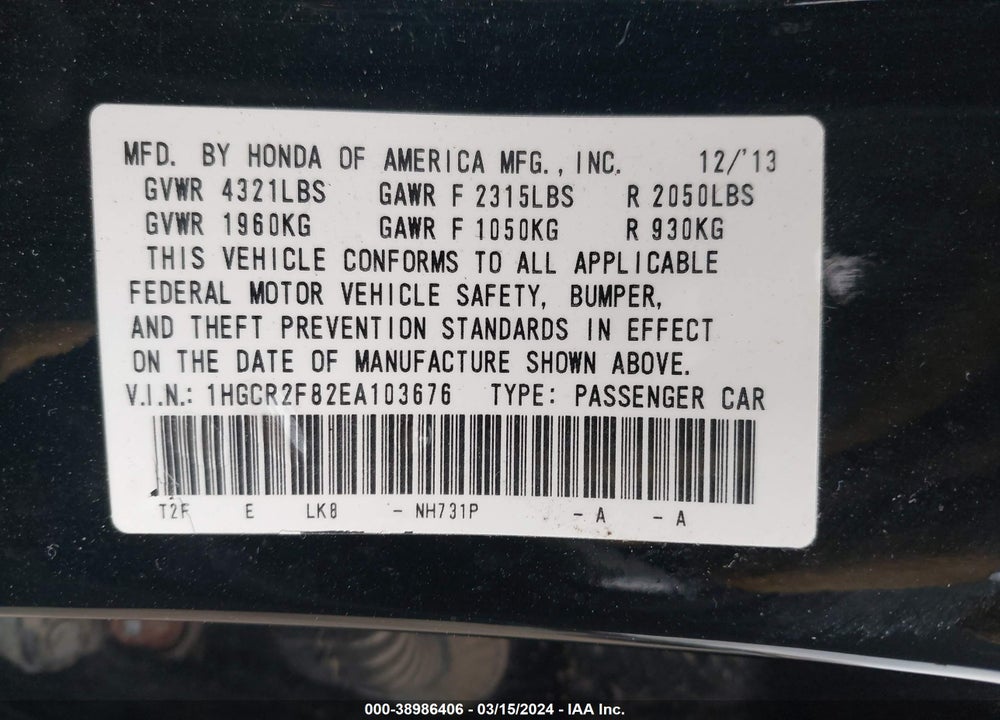 2014 HONDA ACCORD EX-L VIN: 1HGCR2F82EA103676