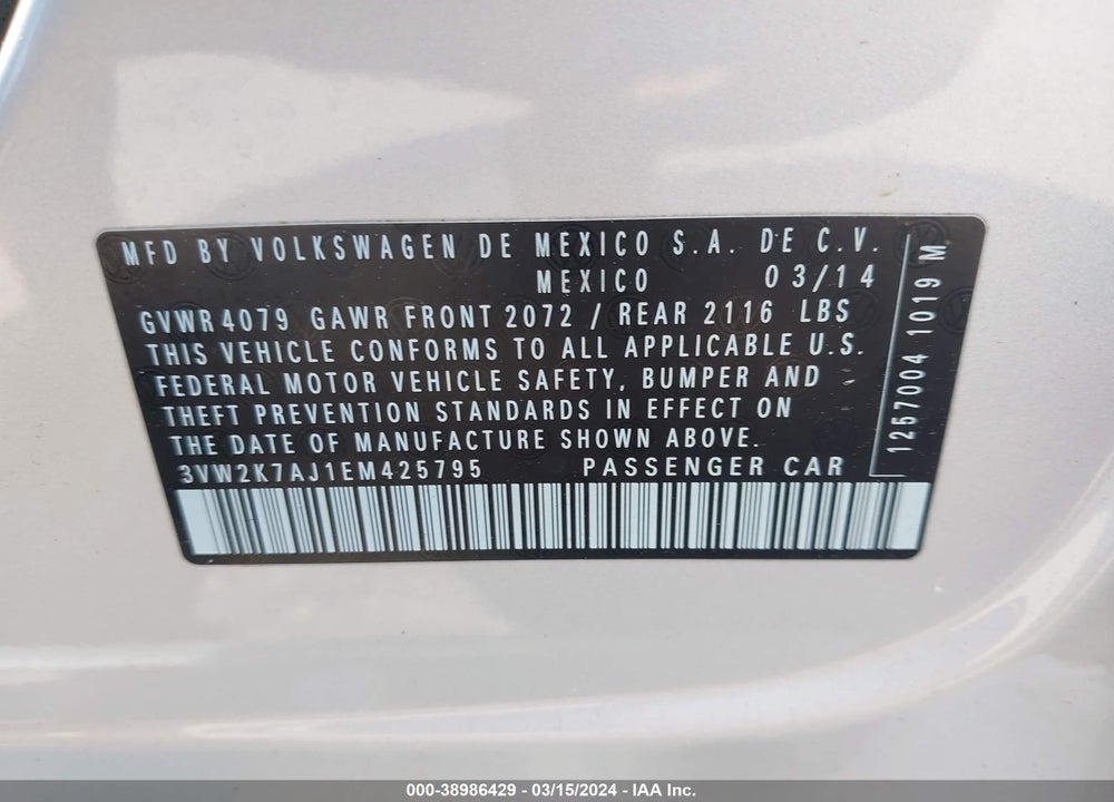 2014 VOLKSWAGEN JETTA 2.0L S VIN: 3VW2K7AJ1EM425795