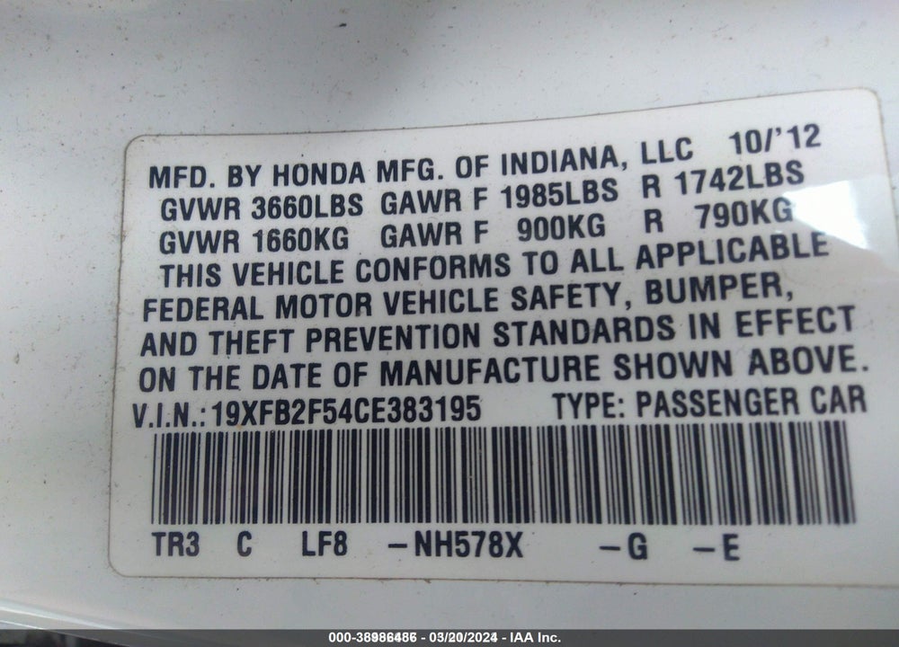 2012 HONDA CIVIC LX VIN: 19XFB2F54CE383195
