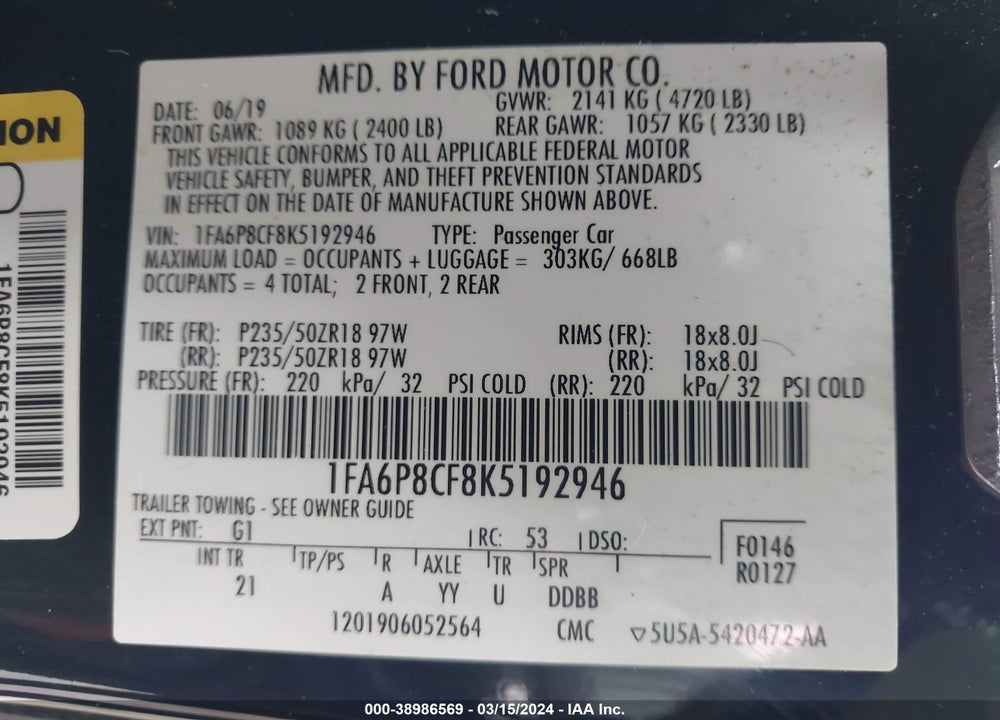 2019 FORD MUSTANG GT VIN: 1FA6P8CF8K5192946