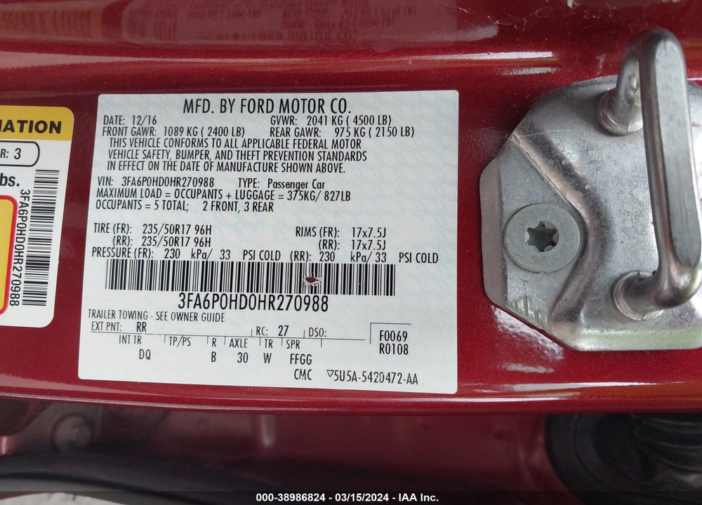 2017 FORD FUSION SE VIN: 3FA6P0HD0HR270988
