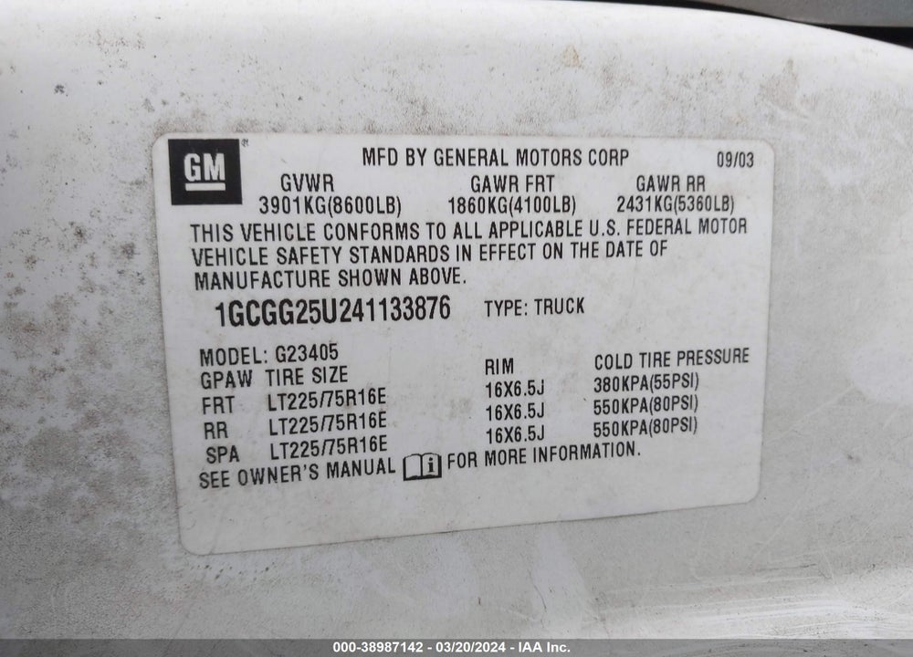 2004 CHEVROLET EXPRESS VIN: 1GCGG25U241133876