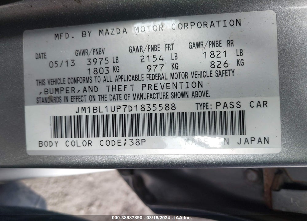 2013 MAZDA 3 I SPORT VIN: JM1BL1UP7D1835588