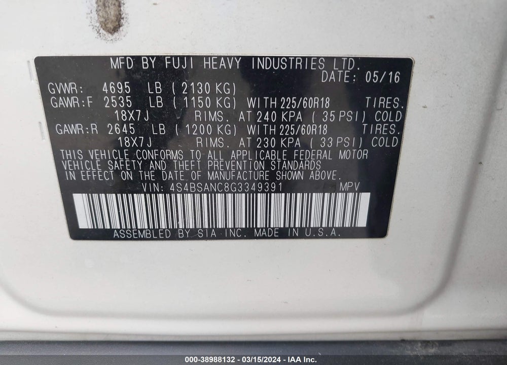 2016 SUBARU OUTBACK 2.5I LIMITED VIN: 4S4BSANC8G3349391