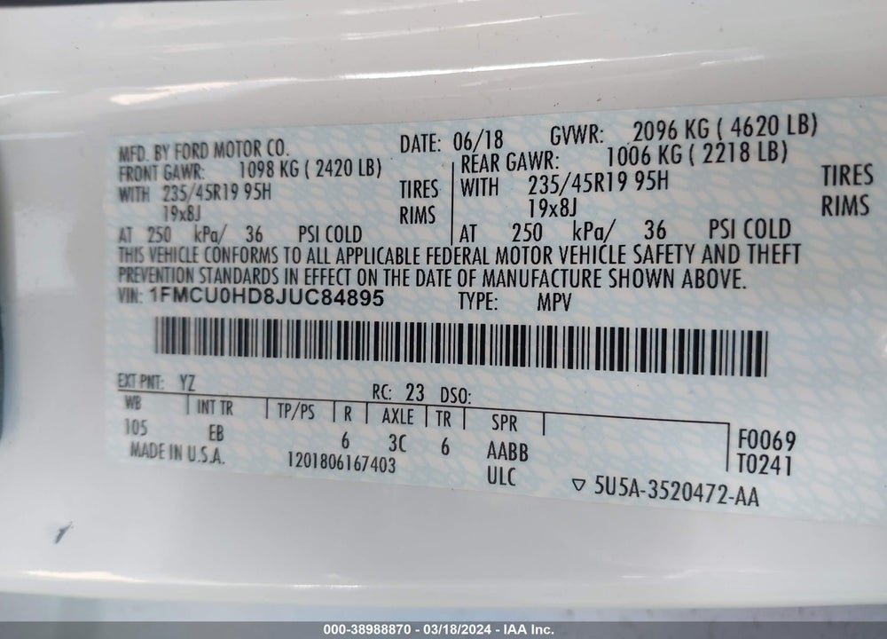 2018 FORD ESCAPE SEL VIN: 1FMCU0HD8JUC84895