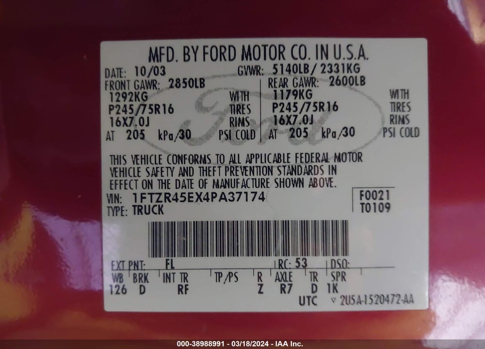 2004 FORD RANGER SUPER CAB VIN: 1FTZR45EX4PA37174