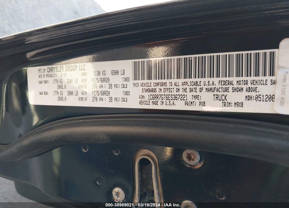 2014 RAM 1500 BIG HORN VIN: 1C6RR7GT6ES367221