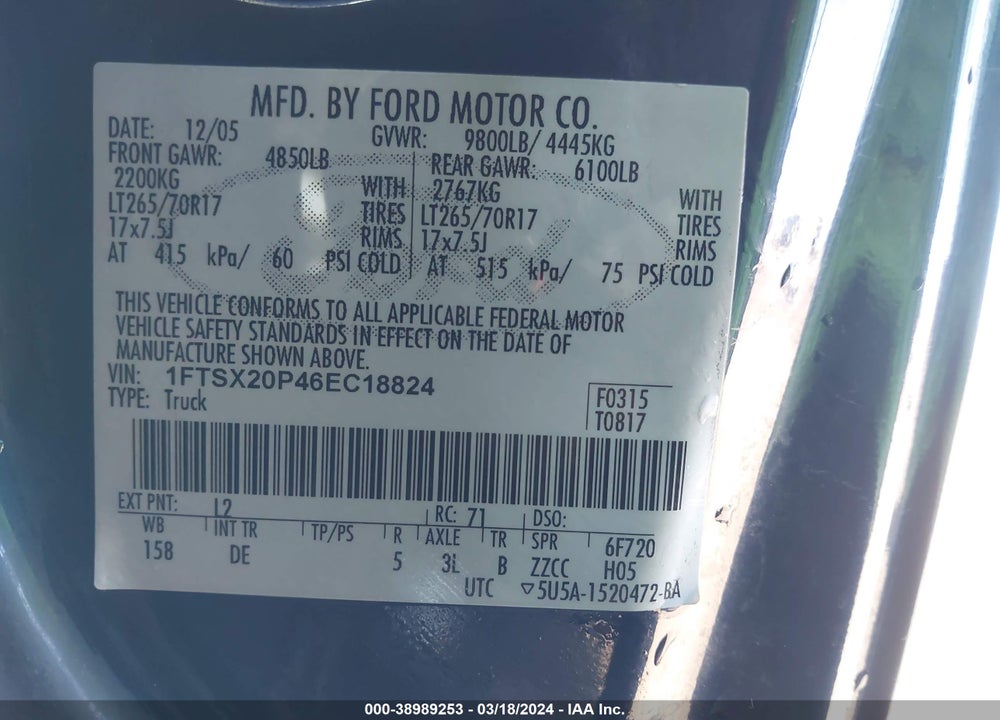 2006 FORD F-250 LARIAT/XL/XLT VIN: 1FTSX20P46EC18824