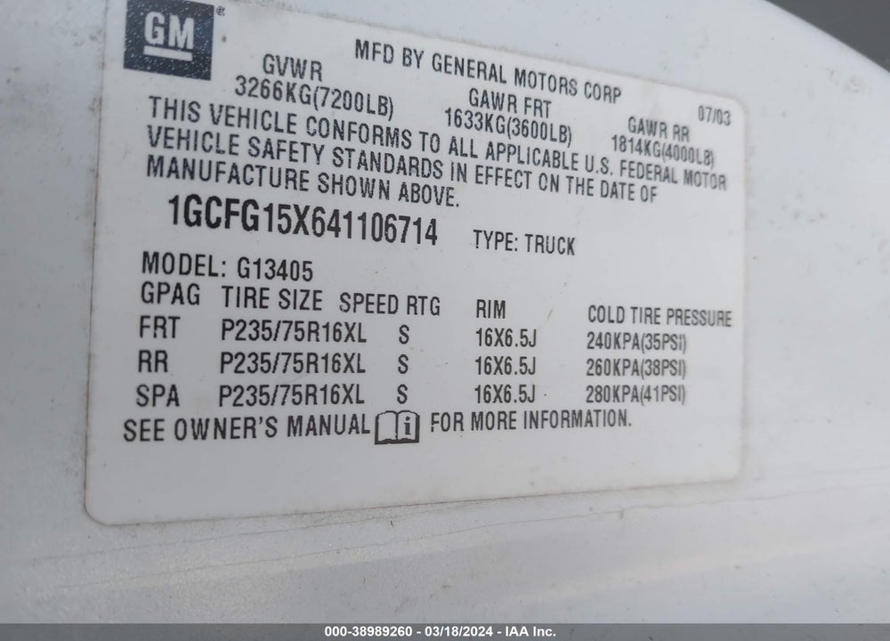 2004 CHEVROLET EXPRESS VIN: 1GCFG15X641106714