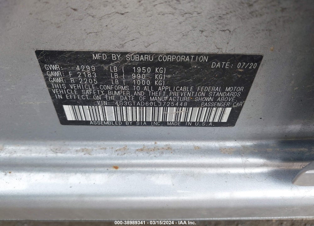 2020 SUBARU IMPREZA PREMIUM 5-DOOR VIN: 4S3GTAD60L3725448