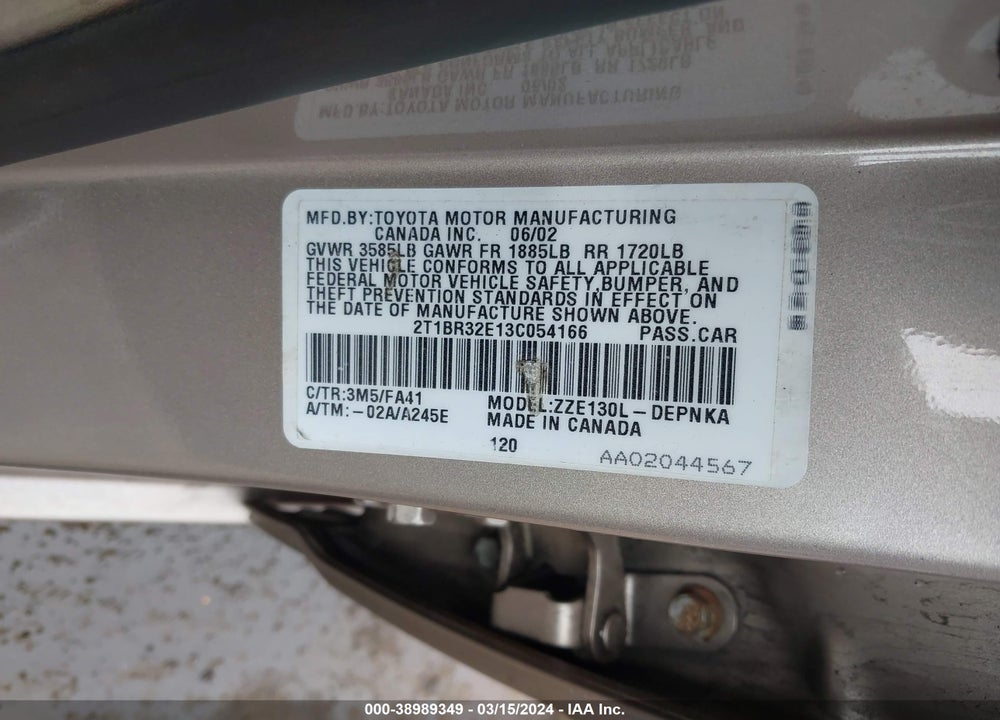 2003 TOYOTA COROLLA LE VIN: 2T1BR32E13C054166
