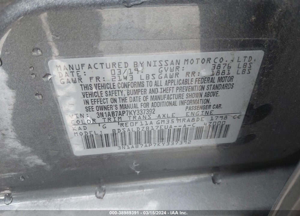 2019 NISSAN SENTRA SV VIN: 3N1AB7AP7KY337392