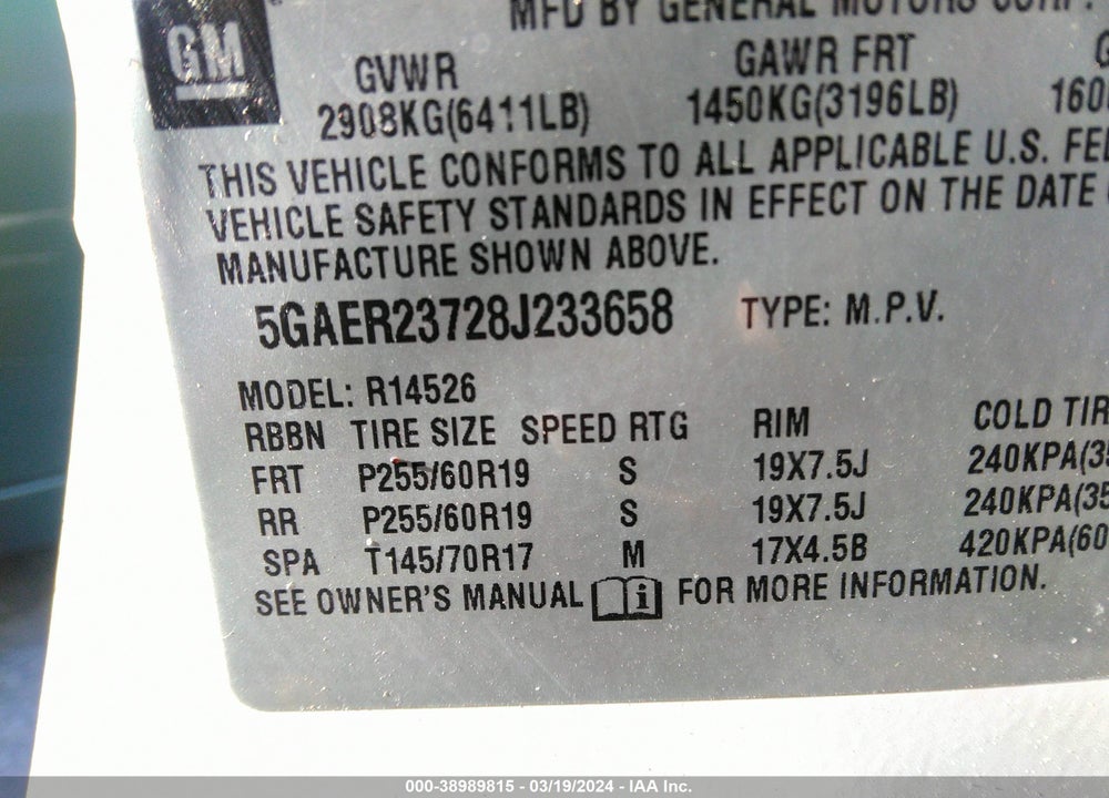 2008 BUICK ENCLAVE CXL VIN: 5GAER23728J233658