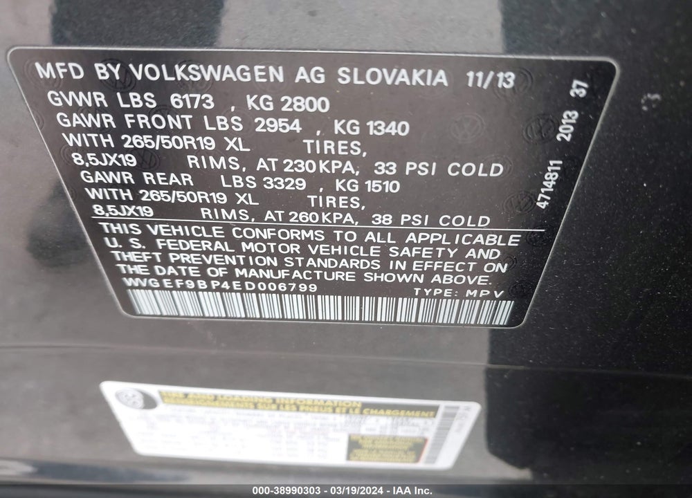 2014 VOLKSWAGEN TOUAREG 3.6L LUX VIN: WVGEF9BP4ED006799