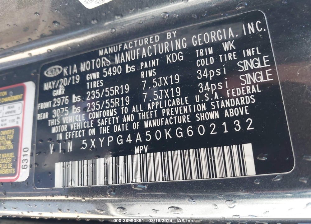 2019 KIA SORENTO VIN: 5XYPG4A50KG602132