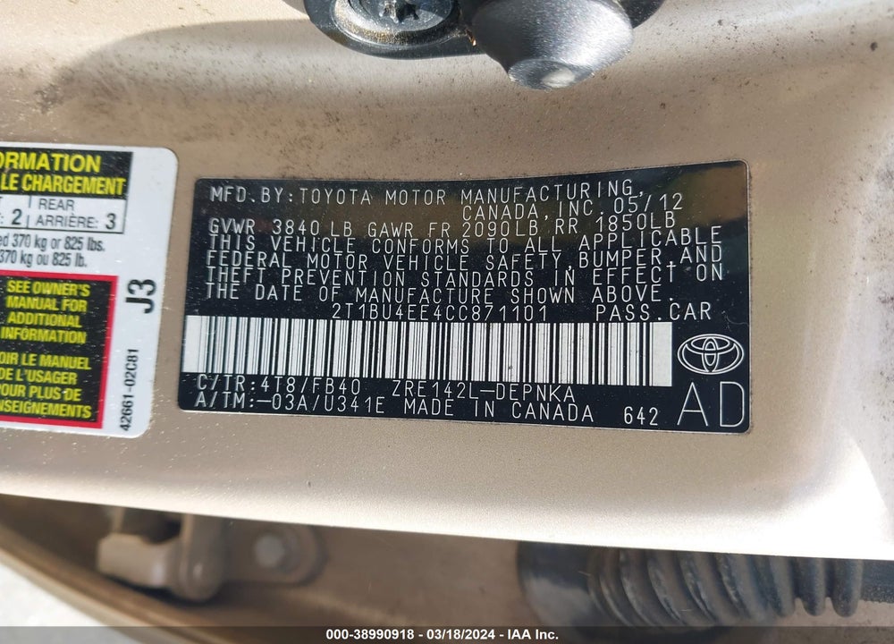 2012 TOYOTA COROLLA LE VIN: 2T1BU4EE4CC871101