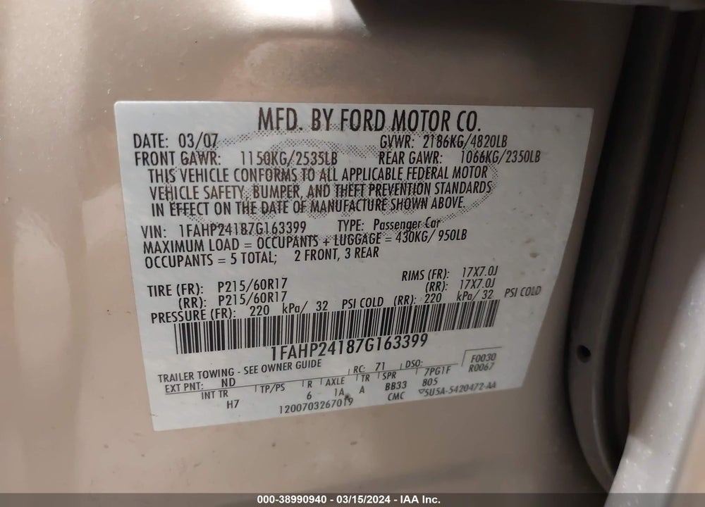 2007 FORD FIVE HUNDRED SEL VIN: 1FAHP24187G163399