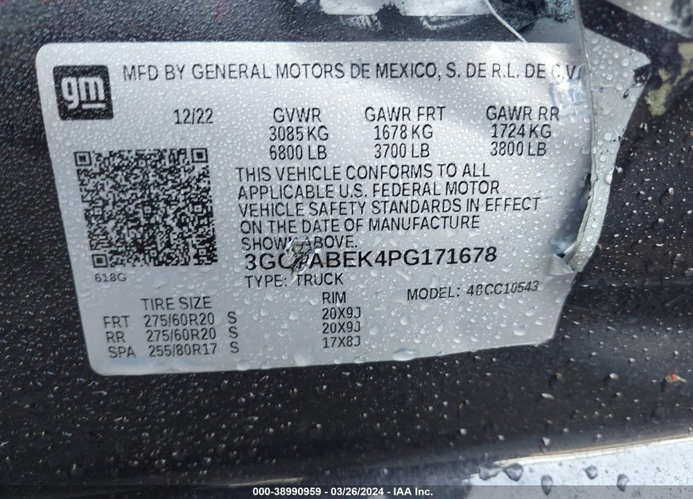 2023 CHEVROLET SILVERADO 1500 VIN: 3GCPABEK4PG171678