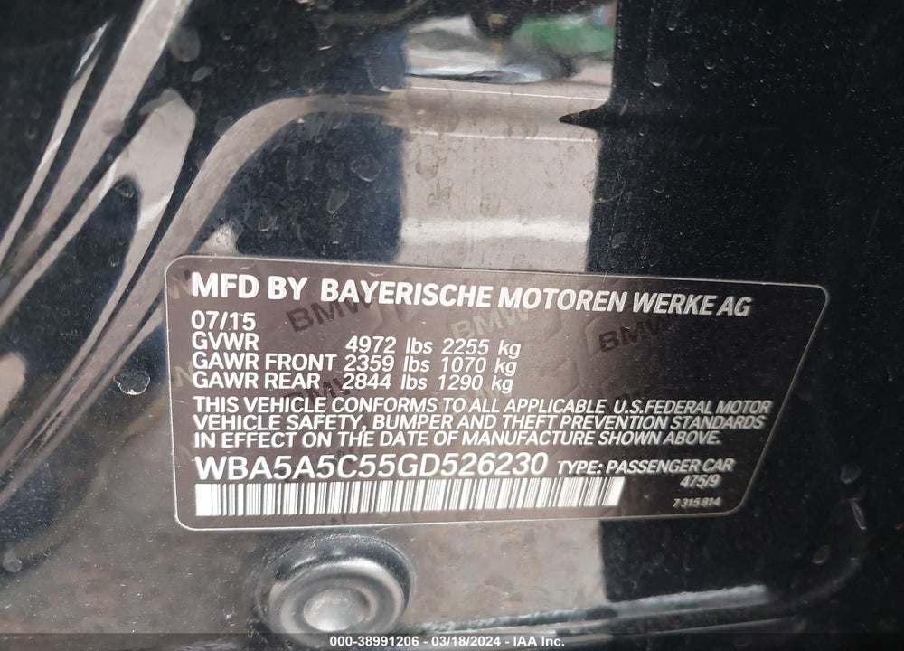 2016 BMW 528I VIN: WBA5A5C55GD526230
