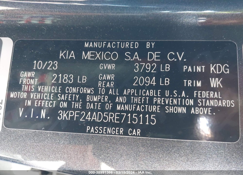 2024 KIA FORTE LXS VIN: 3KPF24AD5RE715115