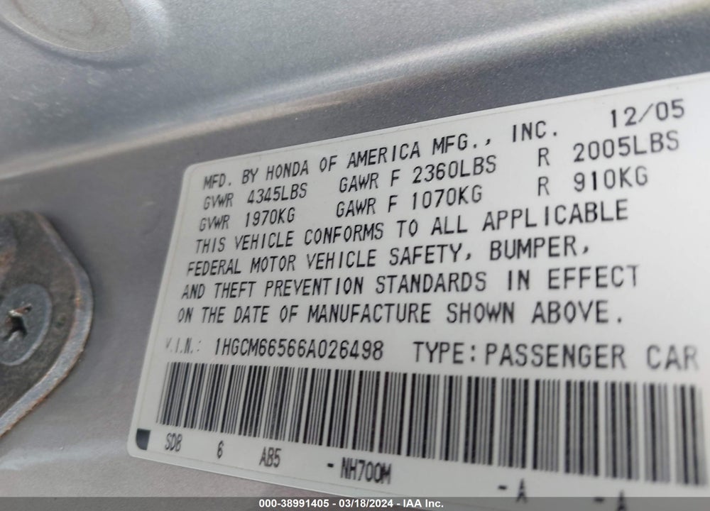 2006 HONDA ACCORD VIN: 1HGCM66566A026498