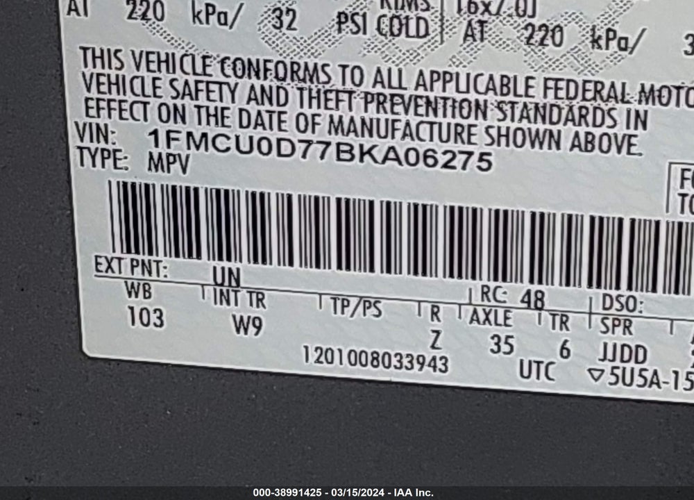 2011 FORD ESCAPE XLT VIN: 1FMCU0D77BKA06275