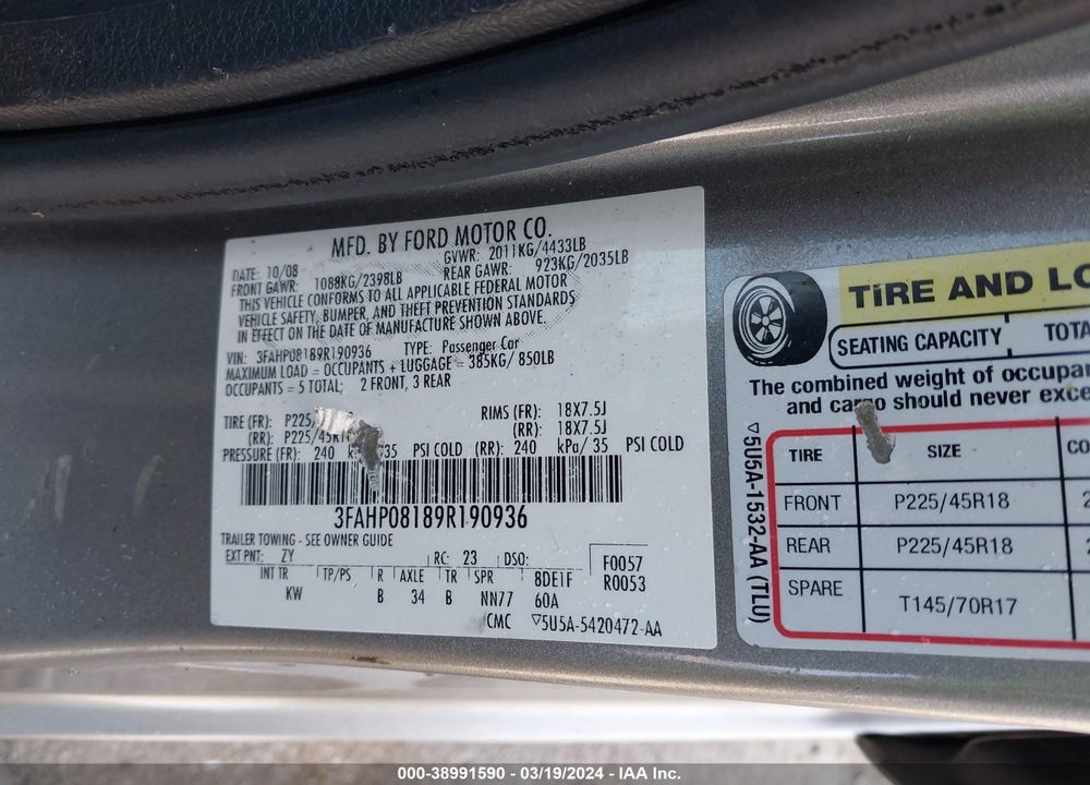 2009 FORD FUSION SEL VIN: 3FAHP08189R190936