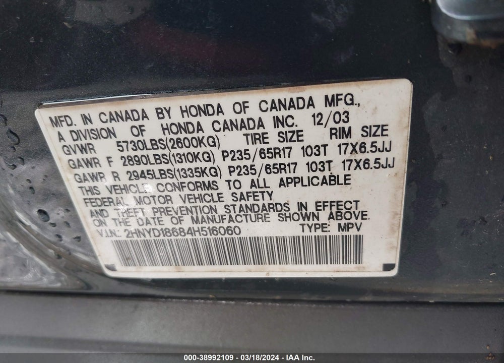 2004 ACURA MDX VIN: 2HNYD18684H516060