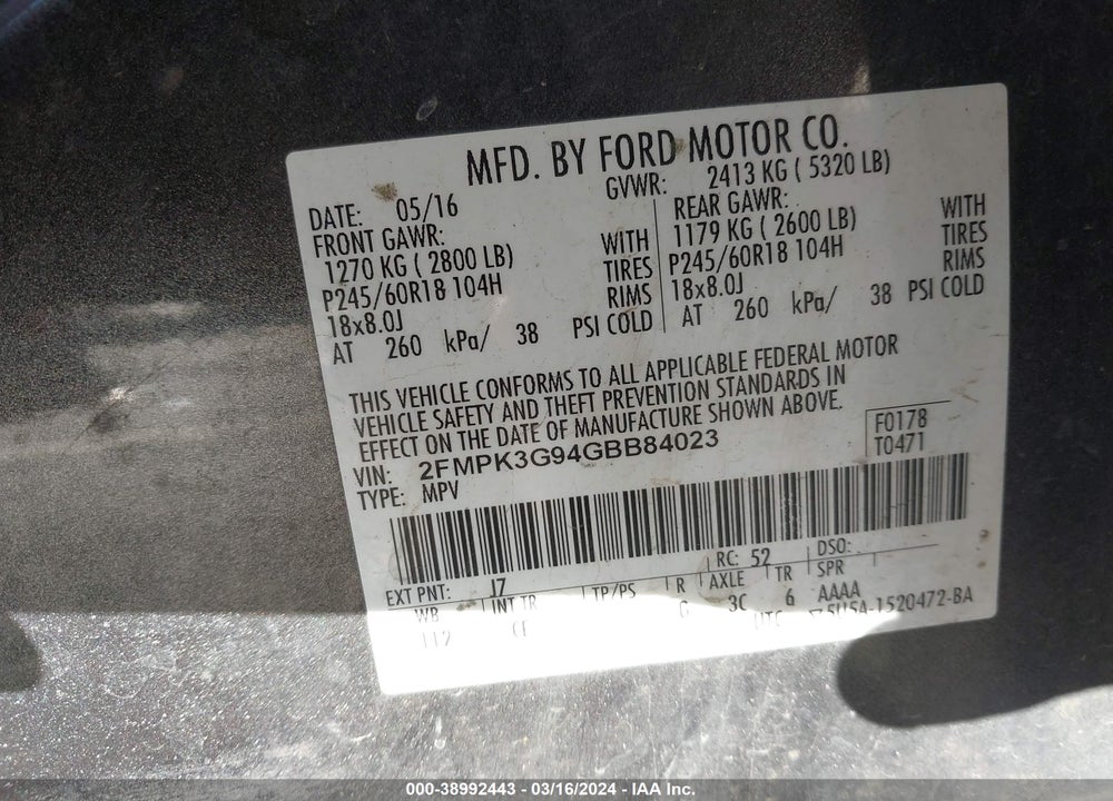 2016 FORD EDGE SE VIN: 2FMPK3G94GBB84023