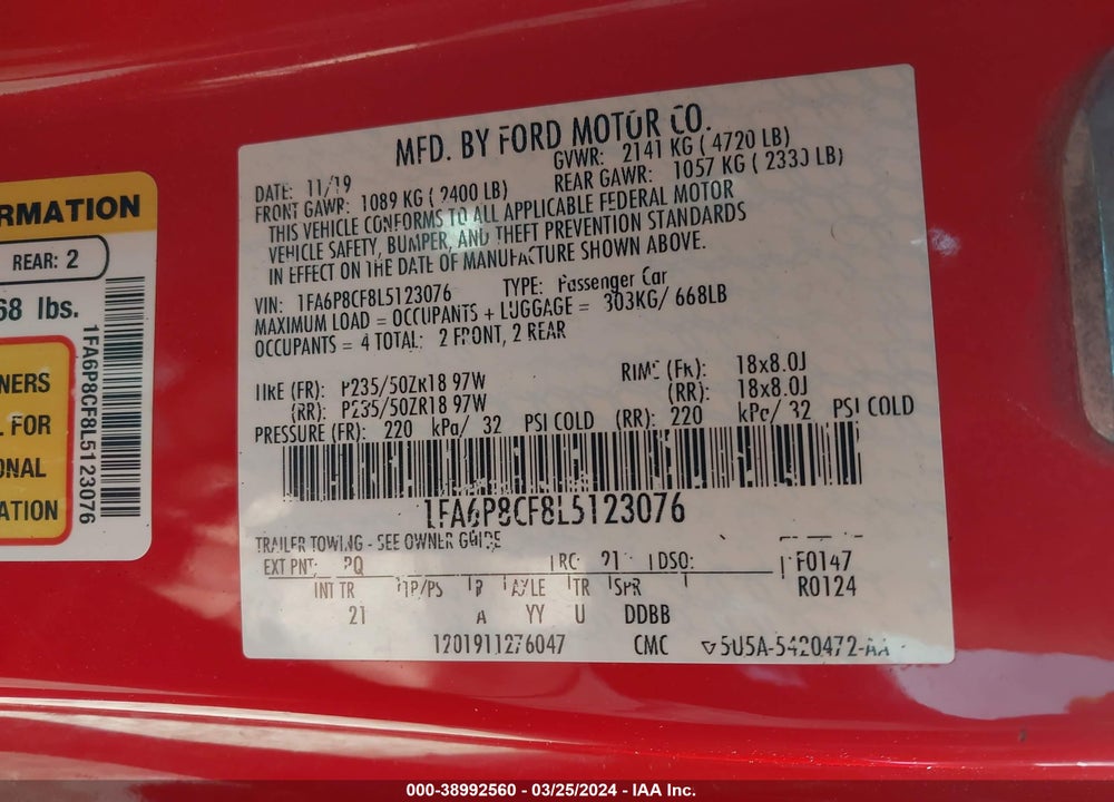 2020 FORD MUSTANG GT FASTBACK VIN: 1FA6P8CF8L5123076