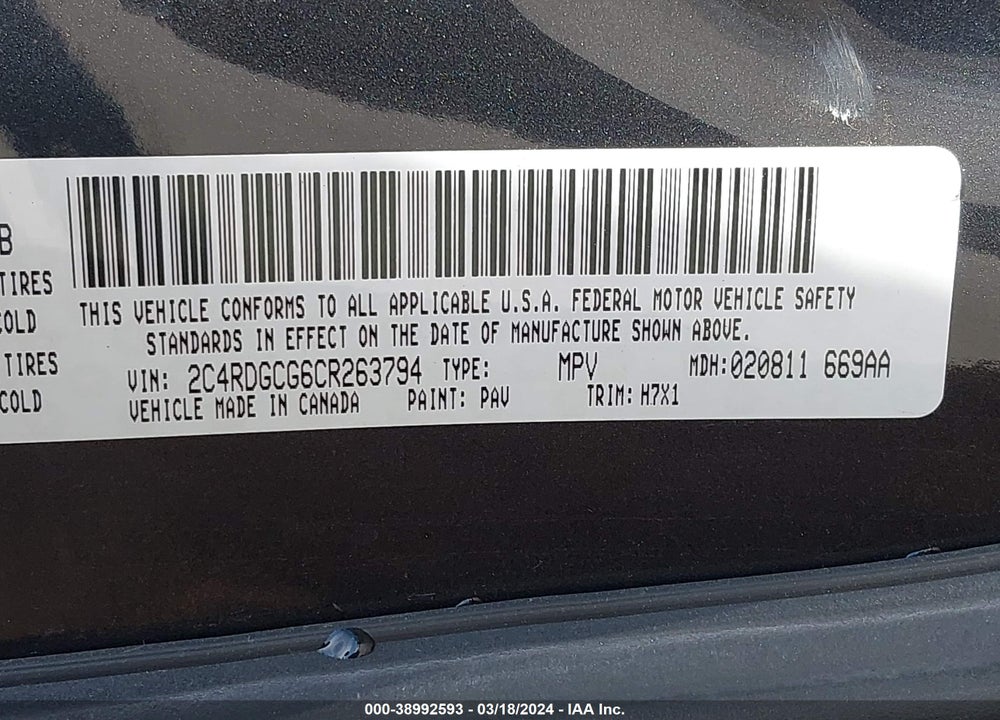 2012 DODGE GRAND CARAVAN SXT VIN: 2C4RDGCG6CR263794