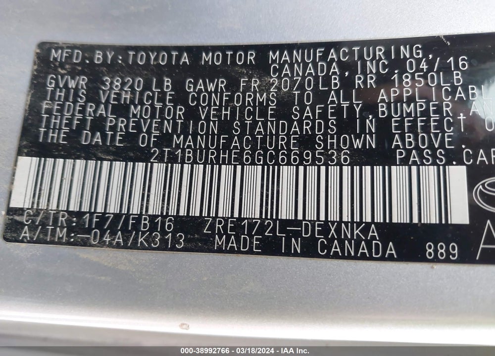 2016 TOYOTA COROLLA LE VIN: 2T1BURHE6GC669536