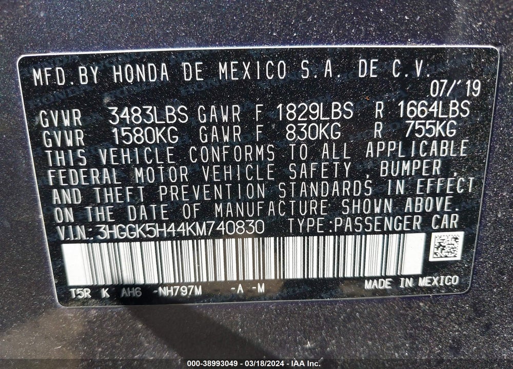 2019 HONDA FIT LX VIN: 3HGGK5H44KM740830