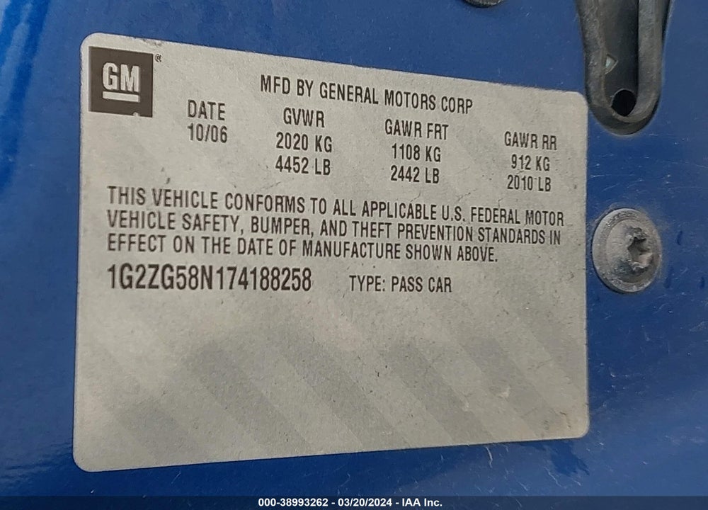 2007 PONTIAC G6 VIN: 1G2ZG58N174188258