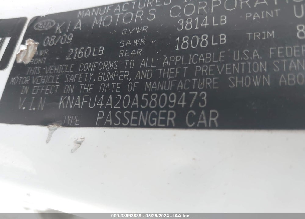 2010 KIA FORTE EX VIN: KNAFU4A20A5809473