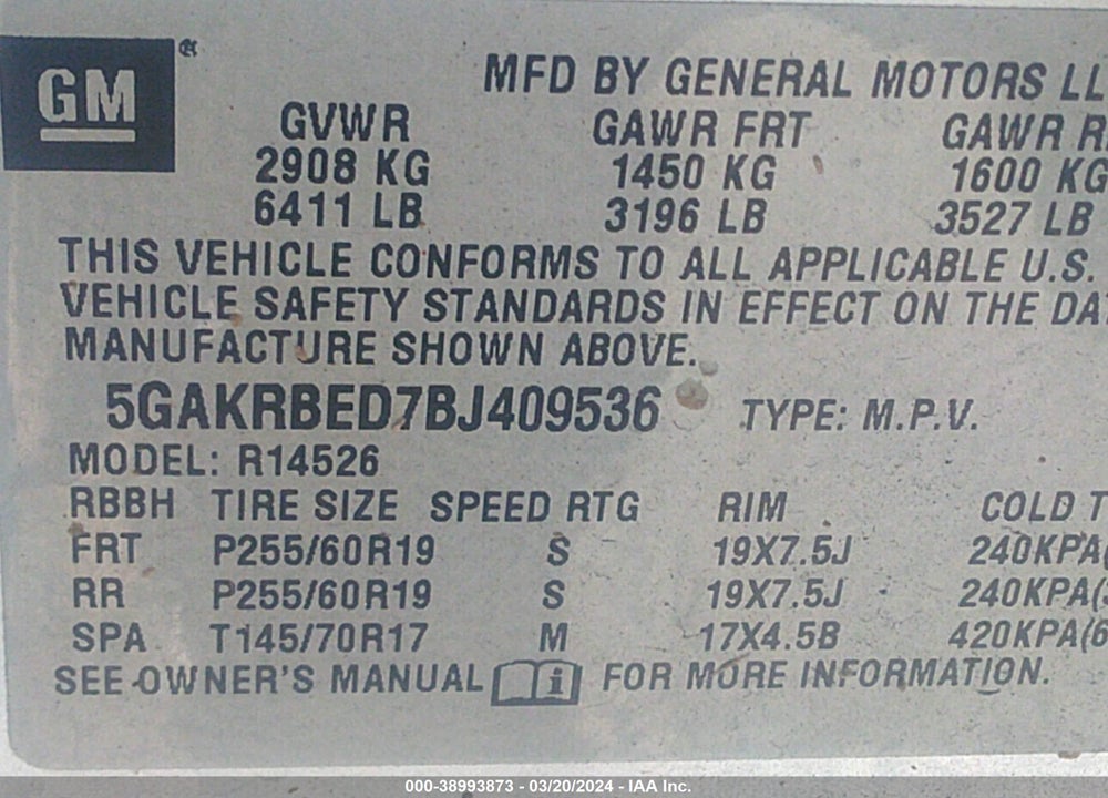 2011 BUICK ENCLAVE 1XL VIN: 5GAKRBED7BJ409536