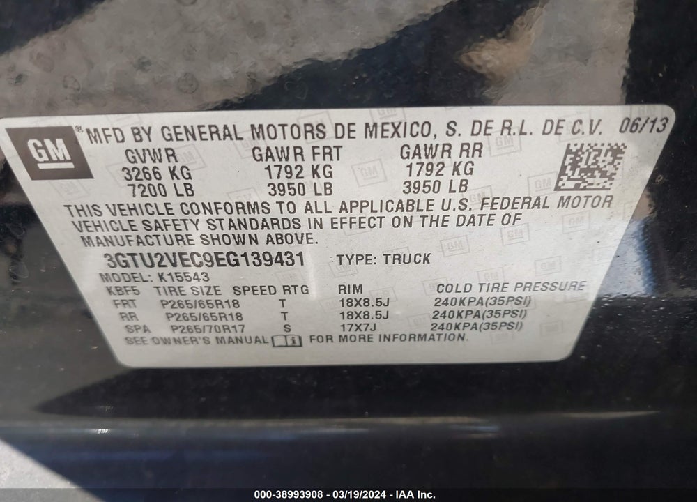 2014 GMC SIERRA 1500 SLT VIN: 3GTU2VEC9EG139431