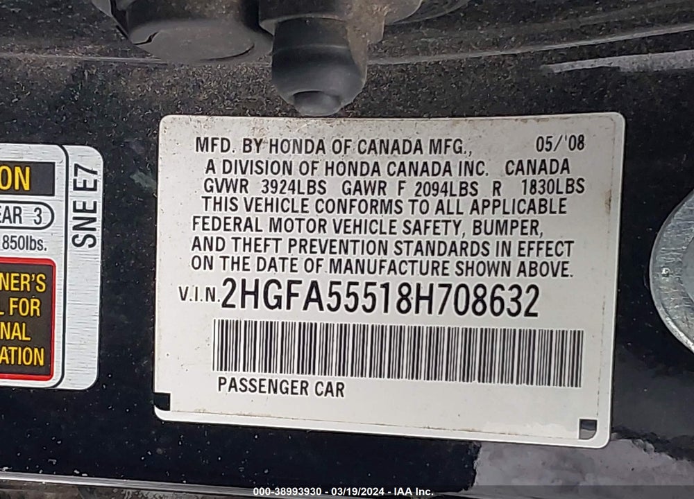2008 HONDA CIVIC SI/SI MUGEN VIN: 2HGFA55518H708632