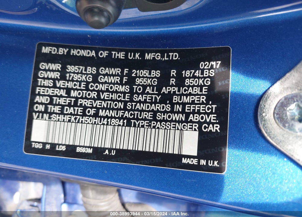 2017 HONDA CIVIC VIN: SHHFK7H50HU418941