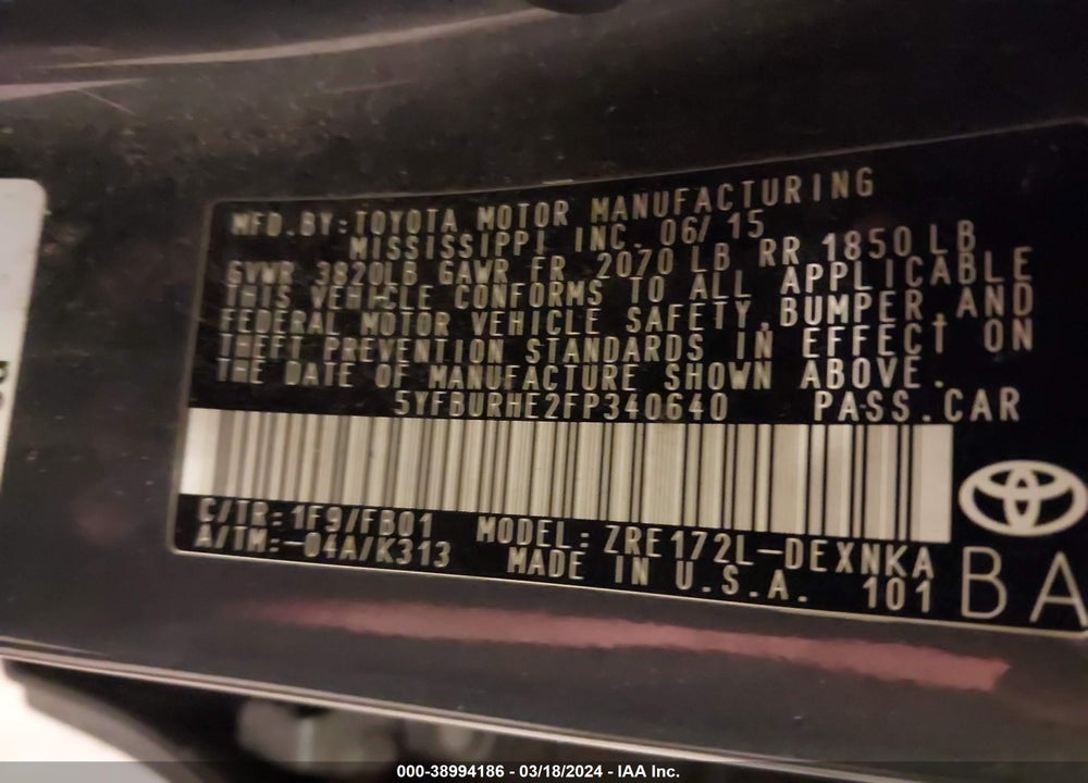 2015 TOYOTA COROLLA LE VIN: 5YFBURHE2FP340640