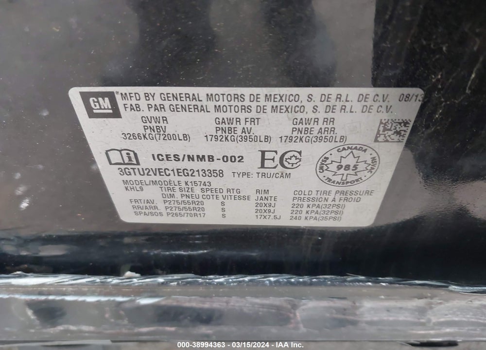 2014 GMC SIERRA 1500 SLT VIN: 3GTU2VEC1EG213358