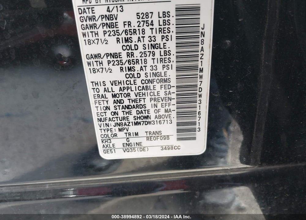 2013 NISSAN MURANO SL VIN: JN8AZ1MW7DW316713
