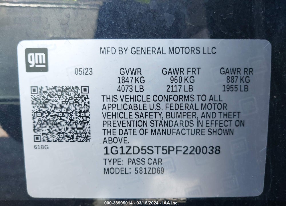 2023 CHEVROLET MALIBU FWD 1LT VIN: 1G1ZD5ST5PF220038