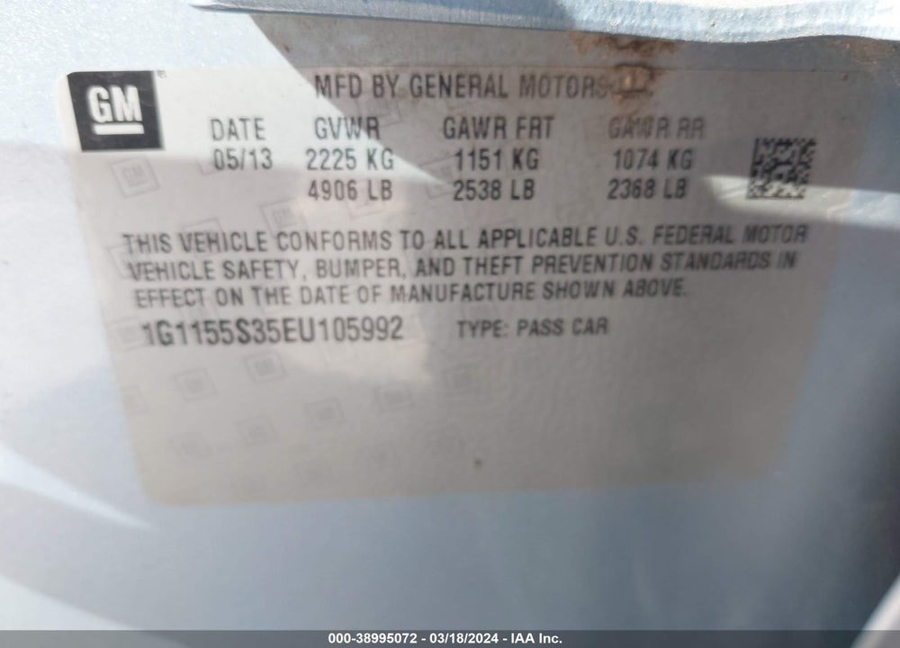 2014 CHEVROLET IMPALA 2LZ VIN: 1G1155S35EU105992