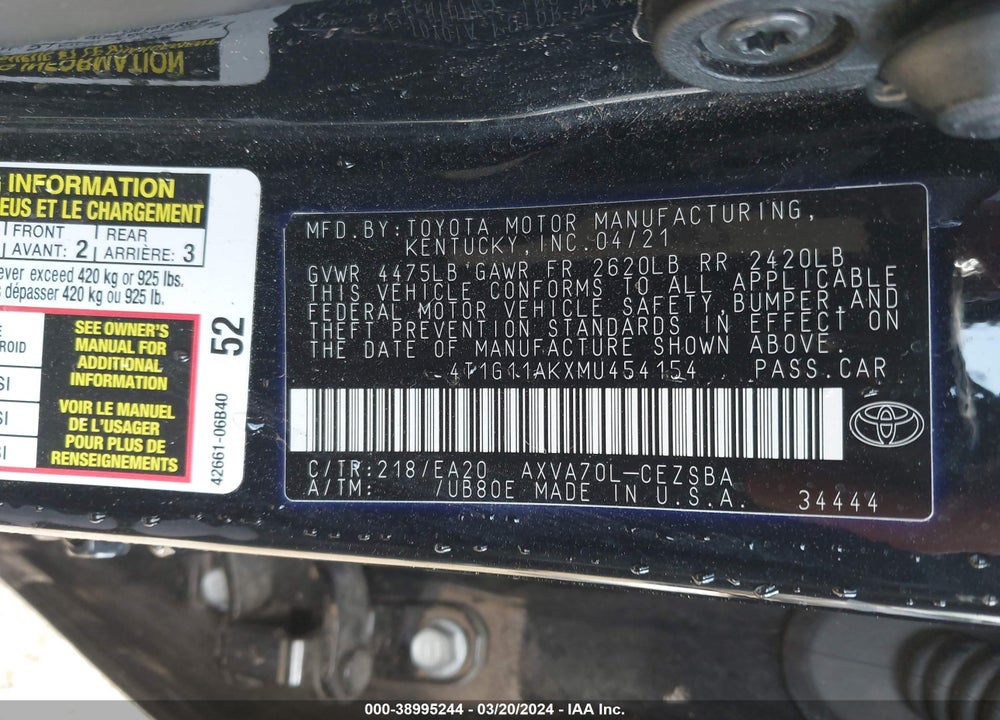 2021 TOYOTA CAMRY SE VIN: 4T1G11AKXMU454154
