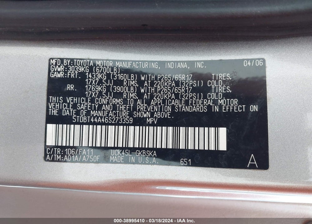 2006 TOYOTA SEQUOIA SR5 V8 VIN: 5TDBT44A46S273359