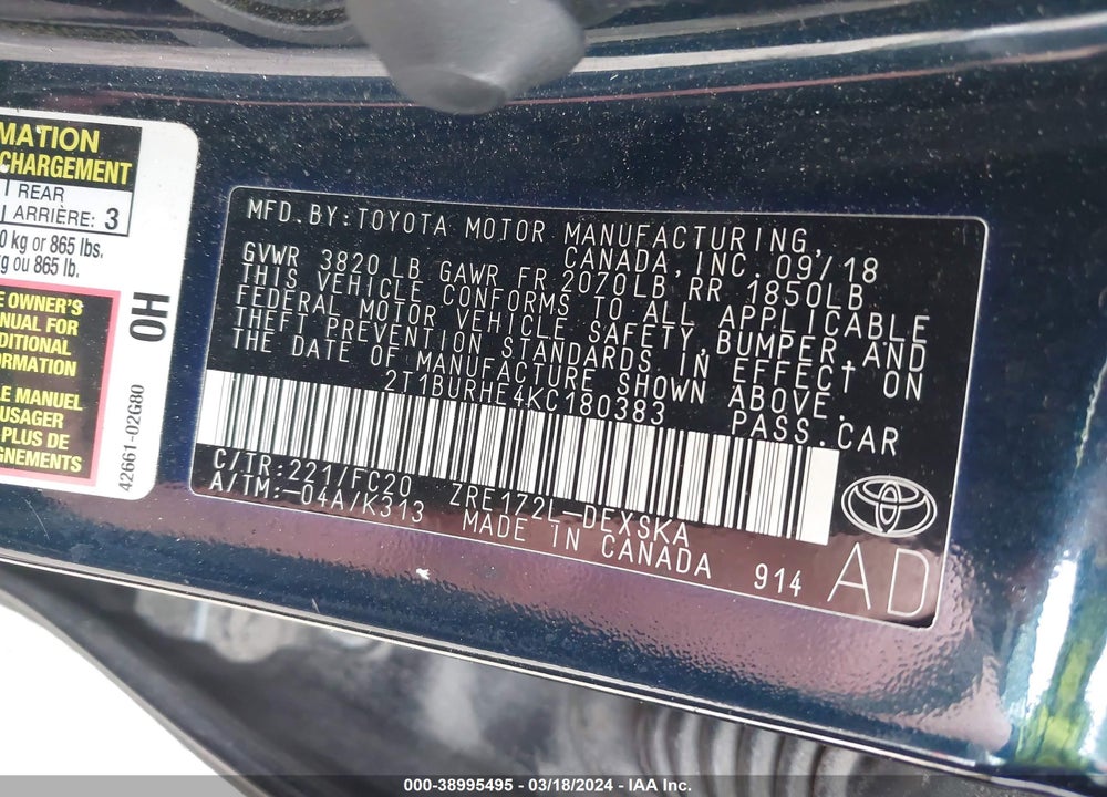 2019 TOYOTA COROLLA SE VIN: 2T1BURHE4KC180383