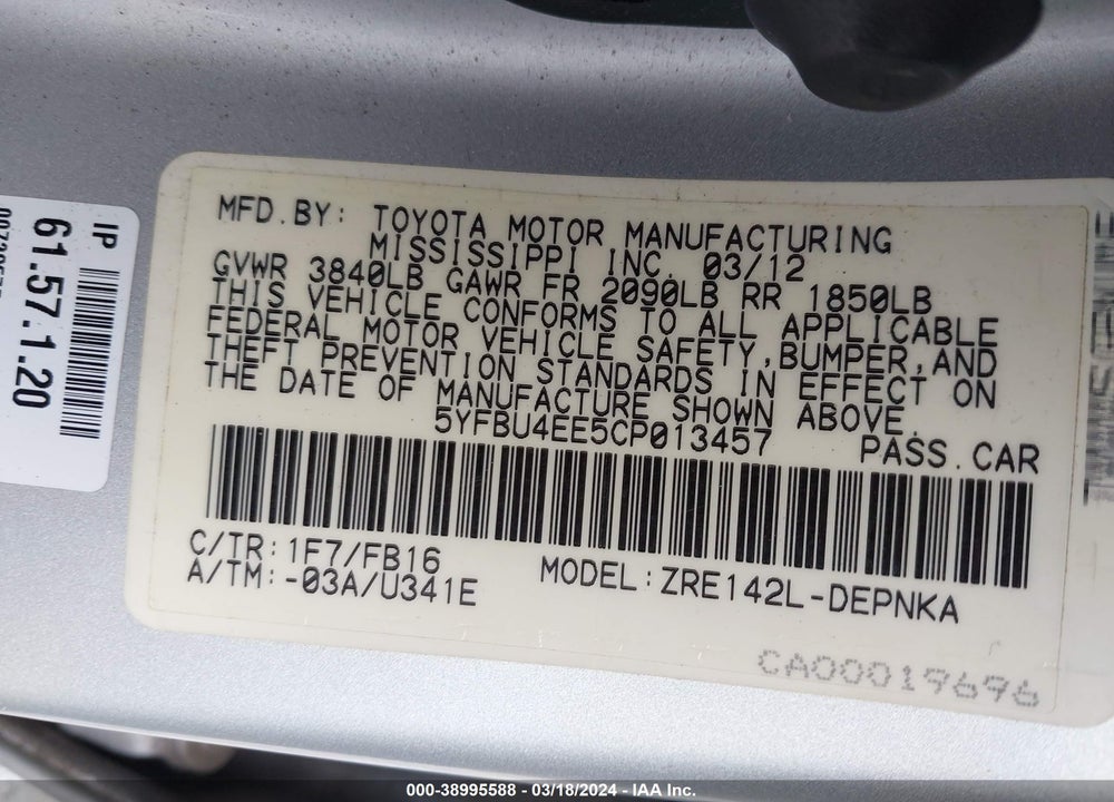 2012 TOYOTA COROLLA LE VIN: 5YFBU4EE5CP013457