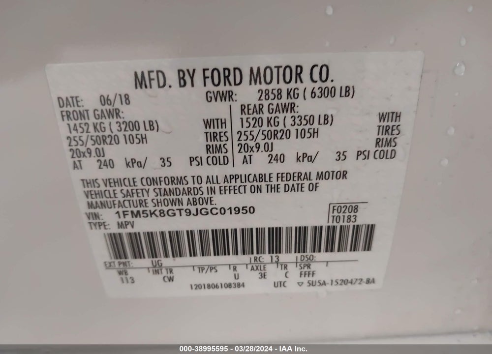 2018 FORD EXPLORER SPORT VIN: 1FM5K8GT9JGC01950